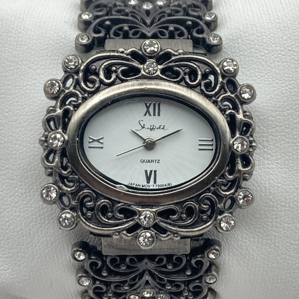 Sheffield Womens Watch 36mm Gunmetal Filigree Cuff Crystals New Battery SMALL 6"